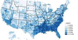 Map of concentration of black people in the US, 2010